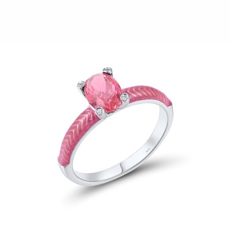Sterling Silver Ring Enamel,Pink Glass,White Cubic Zirconia (R308038ENA2SL925) - US 8