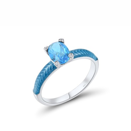 Sterling Silver Ring Blue Glass,Enamel,White Cubic Zirconia (R308038ENA3SL925) - US 6