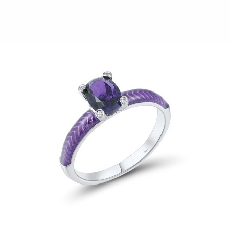 Sterling Silver Ring Created Purple Nano Spinel,Enamel,White Cubic Zirconia (R308038ENA5SL925) - US 6