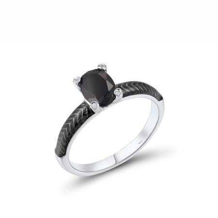 Sterling Silver Ring Black spinel,Enamel,White Cubic Zirconia (R308038ENA6SL925) - US 6
