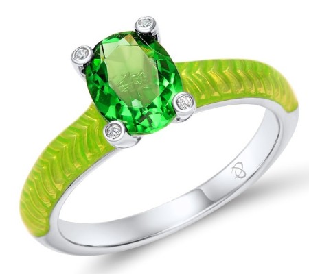 Sterling Silver Ring Enamel,Green Glass,White Cubic Zirconia (R308038ENASL925)