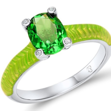 Sterling Silver Ring Enamel,Green Glass,White Cubic Zirconia (R308038ENASL925)
