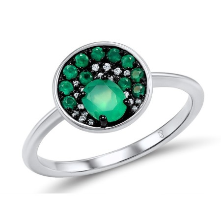 Sterling Silver w/ Black White Plating Ring Dyed Green Agate,Green Chalcedony,White Cubic Zirconia (R308072GGRZSK925)