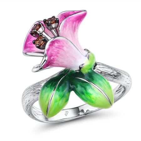 Sterling Silver w/ Black White Plating Ring Champagne Cubic Zirconia,Enamel (R308087ENA1SK925) - US 6