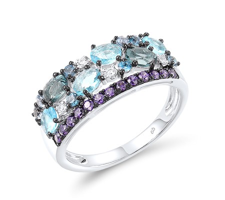Sterling Silver w/ Black White Plating Ring Amethyst Cubic Zirconia,Blue Glass,Blue Spinel,London Blue Topaz,White Cubic Zirconia (R308287MULSK925)