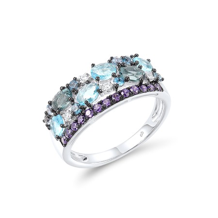 Sterling Silver w/ Black White Plating Ring Amethyst Cubic Zirconia,Blue Glass,Blue Spinel,London Blue Topaz,White Cubic Zirconia (R308287MULSK925)
