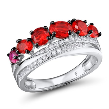 Sterling Silver w/ Black White Plating Ring Created Ruby,Red Glass,White Cubic Zirconia (R308290SCRRZSK925) - US 6