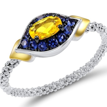 Sterling Silver w/ Yellow Black White Plating Ring Blue Nano Cubic Zirconia,Yellow Glass (R308304BYGSZ925)