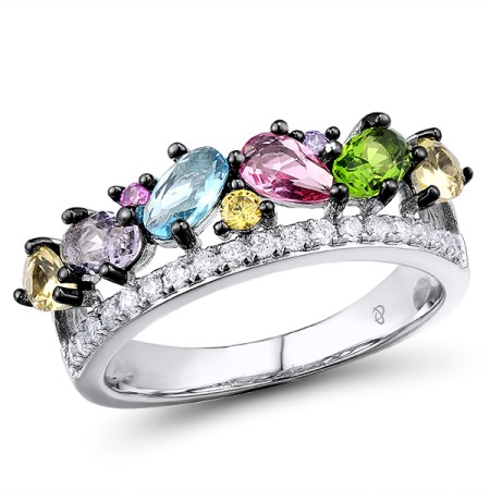 Sterling Silver w/ Black White Plating Ring Amethyst Cubic Zirconia,Blue Glass,Created Pink Sapphire,Green Glass,Pink Glass,Purple Glass,White Cubic Zirconia,Yellow Glass,Yellow Nano Cubic Zirconia (Ci (R308432MUL1SK925) - US 6