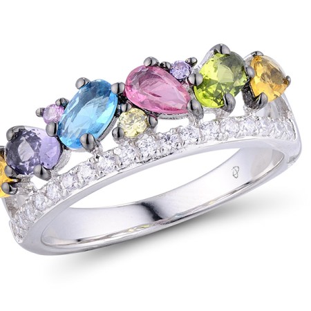 Sterling Silver w/ Black White Plating Ring Amethyst Cubic Zirconia,Blue Glass,Created Pink Sapphire,Green Glass,Pink Glass,Purple Glass,White Cubic Zirconia,Yellow Cubic Zirconia,Yellow Glass (R308432MULSK925)