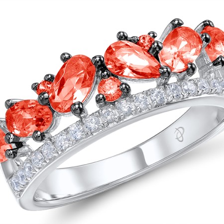 Sterling Silver w/ Black White Plating Ring Red Glass,White Cubic Zirconia (R308432REGZSK925) - US 6