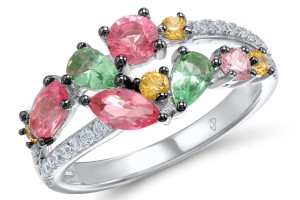 Sterling Silver Ring Green Glass,Pink Cubic Zirconia,Pink Glass,White Cubic Zirconia,Yellow Nano Crystal (R308433MULSL925)
