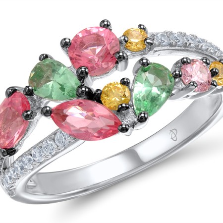Sterling Silver Ring Green Glass,Pink Cubic Zirconia,Pink Glass,White Cubic Zirconia,Yellow Nano Crystal (R308433MULSL925)