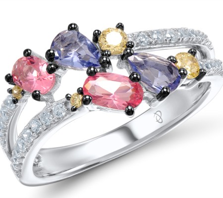 Sterling Silver Ring Pink Glass,Purple Glass,White Cubic Zirconia,Yellow Cubic Zirconia (R308434MULSL925)