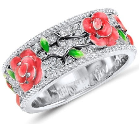 Sterling Silver w/ Black White Plating Ring Enamel,White Cubic Zirconia (R308479ENASK925)