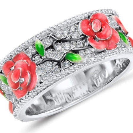 Sterling Silver w/ Black White Plating Ring Enamel,White Cubic Zirconia (R308479ENASK925)