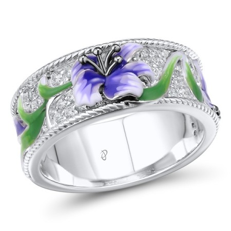 Sterling Silver w/ Black White Plating Ring Enamel,White Cubic Zirconia (R308480ENA1SK925)
