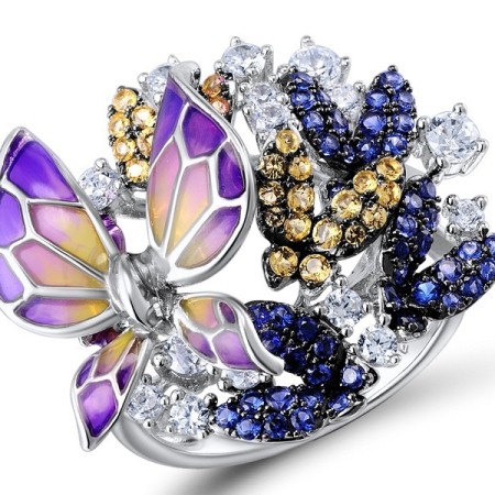 Sterling Silver Ring Blue Nano Cubic Zirconia,Enamel,White Cubic Zirconia,Yellow Nano Cubic Zirconia (Ci (R308558ENASL925)