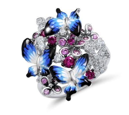 Sterling Silver w/ Black White Plating Ring Created Pink Sapphire,Created Ruby,Enamel,White Cubic Zirconia (R308560ENASK925) - US 5.5