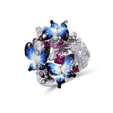 Sterling Silver w/ Black White Plating Ring Created Pink Sapphire,Created Ruby,Enamel,White Cubic Zirconia (R308560ENASK925) - US 5.5