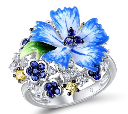 Sterling Silver Ring Blue Nano Cubic Zirconia,Enamel,White Cubic Zirconia,Yellow Cubic Zirconia (R308561ENA1SL925)