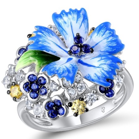 Sterling Silver Ring Blue Nano Cubic Zirconia,Enamel,White Cubic Zirconia,Yellow Cubic Zirconia (R308561ENA1SL925)