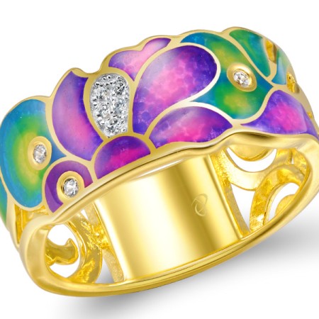 Sterling Silver w/ IONIC YELLOW PLATING Ring Enamel,White Cubic Zirconia (R308716ENASP925) - US 6