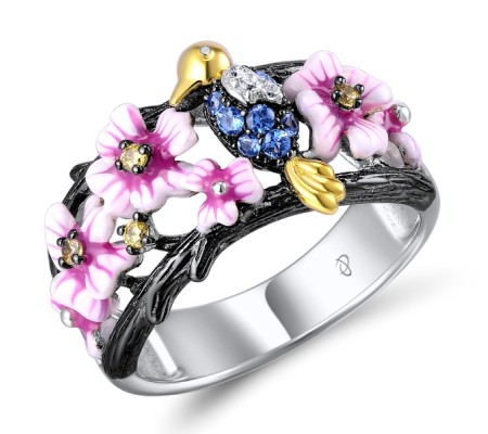 Sterling Silver w/ Yellow Black White Plating Ring Blue Spinel,Enamel,White Cubic Zirconia,Yellow Cubic Zirconia (R308931ENASZ925)