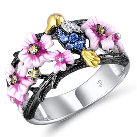 Sterling Silver w/ Yellow Black White Plating Ring Blue Spinel,Enamel,White Cubic Zirconia,Yellow Cubic Zirconia (R308931ENASZ925)