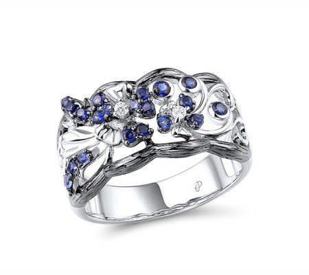 Sterling Silver w/ Black White Plating Ring Blue Nano Cubic Zirconia,White Cubic Zirconia (R308932BNZSK925) - US 6