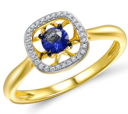 Sterling Silver w/ Yellow Plating Ring Blue Glass,White Cubic Zirconia (R308977BLGZSY925)