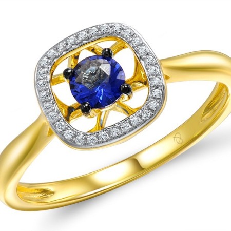 Sterling Silver w/ Yellow Plating Ring Blue Glass,White Cubic Zirconia (R308977BLGZSY925)