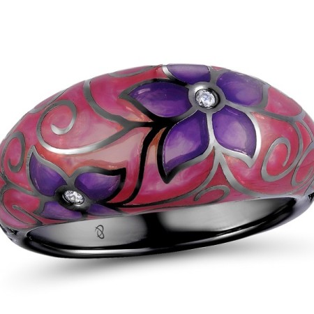 Sterling Silver w/ Black White Plating Ring Enamel,White Cubic Zirconia (R309134ENA1SK925)