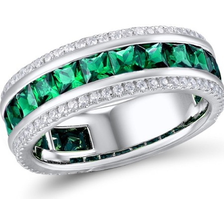 Sterling Silver Ring Created Emerald,Created white sapphire (R309328CEWSL925)