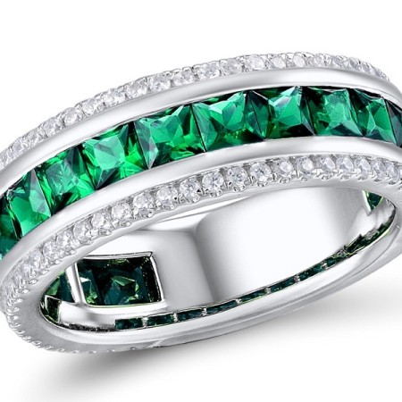 Sterling Silver Ring Created Emerald,Created white sapphire (R309328CEWSL925)