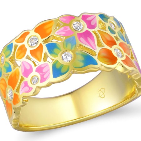 Sterling Silver w/ Yellow Plating Ring Enamel,White Cubic Zirconia (R309542ENASY925) - US 6