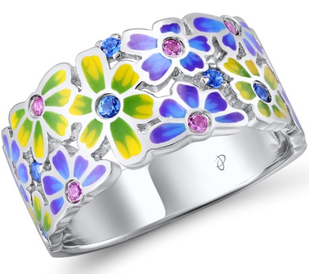 Brass w/ White Gold Plating Ring Blue Spinel,Created Pink Sapphire,Enamel (R309543ENABRW) - US 6