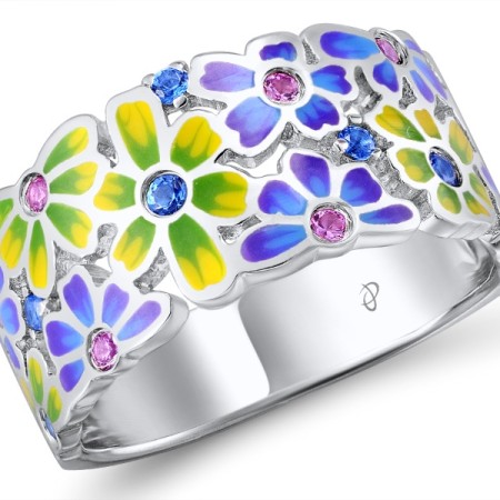 Sterling Silver Ring Blue Spinel,Created Pink Sapphire,Enamel (R309543ENASL925) - US 6