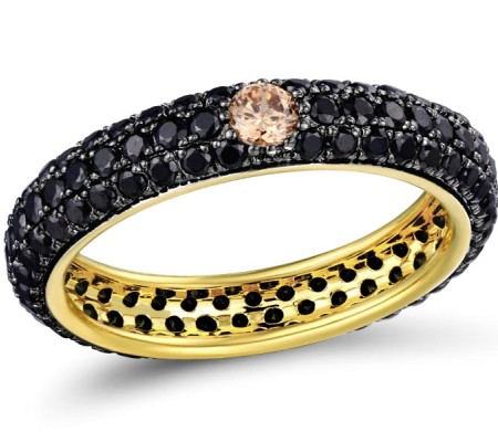 Sterling Silver w/ Yellow Black Plating Ring Black Spinel,Champagne Cubic Zirconia (R310104ABSCSC925)