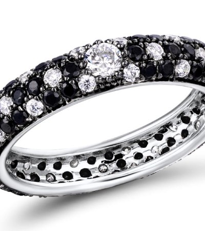 Sterling Silver w/ Black White Plating Ring Black Spinel,White Cubic Zirconia (R310104ABSNZSK925)