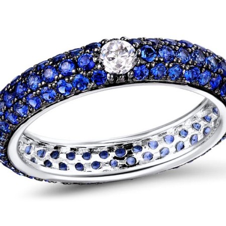 Sterling Silver w/ Black White Plating Ring Blue Nano Cubic Zirconia,White Cubic Zirconia (R310104BBZZSK925)