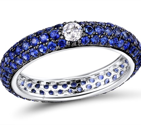 Sterling Silver w/ Black White Plating Ring Blue Nano Cubic Zirconia,White Cubic Zirconia (R310104BZZSK925) - US 6.75