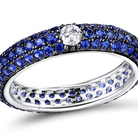 Sterling Silver w/ Black White Plating Ring Blue Nano Cubic Zirconia,White Cubic Zirconia (R310104BZZSK925) - US 6.75