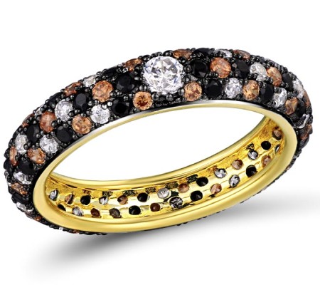 Sterling Silver w/ Yellow Black Plating Ring White Cubic Zirconia,Black Spinel,Champagne Cubic Zirconia (R310104CBCCZ1SC925)