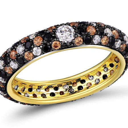 Sterling Silver w/ Yellow Black Plating Ring White Cubic Zirconia,Black Spinel,Champagne Cubic Zirconia (R310104CBCCZ1SC925)