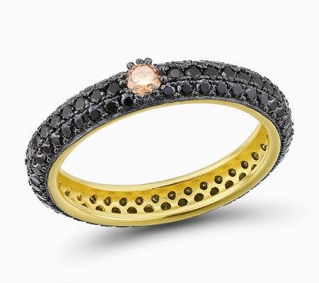 Sterling Silver w/ Yellow Black Plating Ring Black Spinel,Champagne Cubic Zirconia (R310104CBSCSC925)