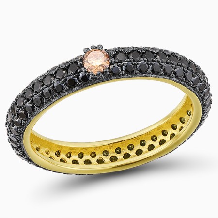 Sterling Silver w/ Yellow Black Plating Ring Black Spinel,Champagne Cubic Zirconia (R310104CBSCSC925)