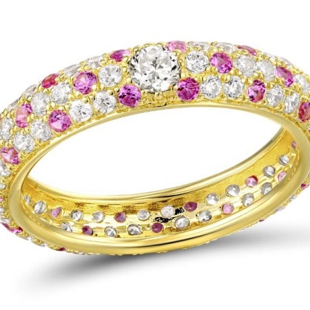 Sterling Silver w/ Yellow Plating Ring Created Pink Sapphire,White Cubic Zirconia (R310104CPSZ1SY925)