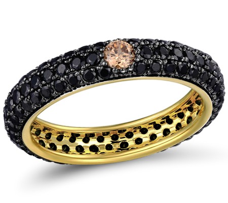 Sterling Silver w/ Yellow Black Plating Ring Black Spinel,Champagne Cubic Zirconia (R310104HBSCSC925)