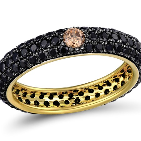 Sterling Silver w/ Yellow Black Plating Ring Black Spinel,Champagne Cubic Zirconia (R310104HBSCSC925)